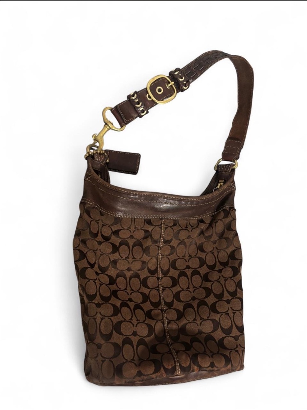 Y2k Coach Brown Signature Jacquard Hobo Bag with Leather Trim
